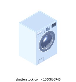 Realistic Washing Machine Isometric Illustration. 3d Laundry Washer. Domestic Appliance for Cleaning Clothes, Fabric, Textile. Housewife Housekeeping Helper. Electronic Laundromat Equipment