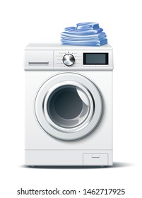 Realistic washing machine mockup with fresh clean folded clothing. Modern laundromat, 3d laundry, washing appliance for household chores. Vector bathroom equipment for cloth washing.