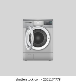 Realistische Waschmaschine mit offener Trommel, Haushaltselektronik. 3D Haushaltsgeräte zur Reinigung von Wäsche zu Hause. Washer, automatische Maschine. Vektorgrafik