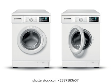 Realistic washing machine set with isolated front views of laundry machines with closed and open door vector illustration