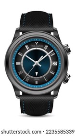 Realistic watch clock black blue steel grey arrow with fabric strap on white design modern luxury for men vector illustration.