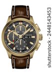 Realistic watch clock black gold red arrow white number with brown leather strap on isolated design classic luxury fashion for men vector illustration.