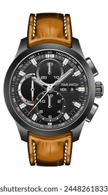 Realistische Uhr Schwarz Metallic Orange Pfeil Weiß Nummer mit Lederarmband auf isoliertem Design Klassische Luxusmode für Männer Vektorillustration.