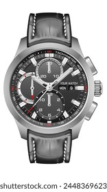 Reloj de reloj realista negro plateado flecha roja número blanco con correa de piel en diseño aislado de moda de lujo clásico para la Ilustración vectorial de los hombres.