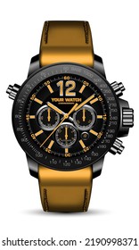 Reloj reloj realista cronógrafo de acero negro cara gris amarillo número flecha correa de cuero en el diseño blanco moda de lujo clásico para hombres ilustración vectorial.