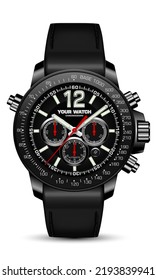 Reloj de reloj realista cronógrafo de la cara negra flecha roja con correa de cuero en diseño blanco moda clásica de lujo para hombres ilustración vectorial.