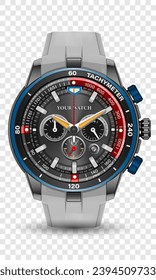 Realistic watch clock chronograph black steel leather strap dark grey blue red yellow arrow on checkered design classic luxury vector illustration.