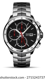 Reloj de reloj realista cronógrafo negro de acero inoxidable flecha roja diseño objeto de moda de lujo para los hombres sobre fondo blanco Vector