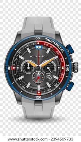 Realistic watch clock chronograph black steel leather strap dark grey blue red yellow arrow on checkered design classic luxury vector illustration.