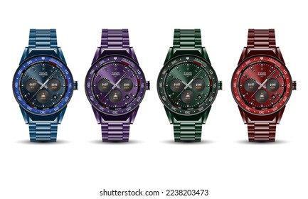 Realistic watch clock chronograph blue purple green red grey stainless steel collection set on white design modern luxury fashion object for men on white background vector illustration.
