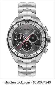 Realistic watch clock chronograph dark grey dial design for men fashion on white background vector illustration.