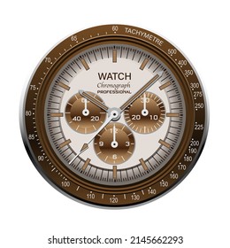 Realistic watch clock chronograph face stainless steel dial brown on white background vector illustration.