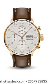 Realistic watch clock chronograph face gold brown leather strap on white design classic luxury vector illustration.