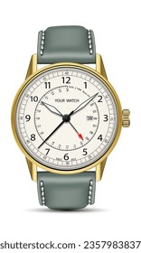 Realistic watch clock chronograph face gold pastel green leather strap on white design classic luxury for men vector illustration.