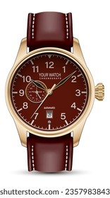 El cronógrafo reloj realista se enfrenta a la correa dorada de cuero rojo oscuro en el diseño blanco clásico lujo para hombres ilustración vectorial.
