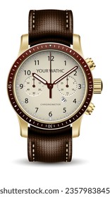 Realistic watch clock chronograph face gold dark brown leather strap on white design classic luxury vector illustration.