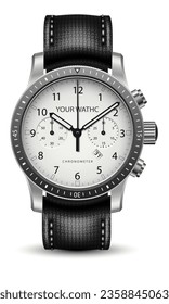 El cronógrafo reloj de relojes realistas se enfrenta a la correa de cuero gris oscuro plateado en el diseño blanco clásico ilustración vectorial de lujo.