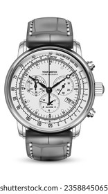 Realistic watch clock chronograph face silver dark grey leather strap on white design classic luxury vector illustration.