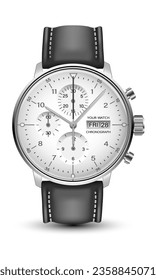 Realistic watch clock chronograph face silver dark grey leather strap on white design classic luxury vector illustration.