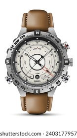 Realistic watch clock chronograph face silver brown leather strap on white design classic luxury vector illustration.