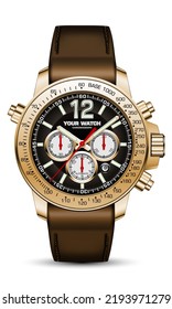 Reloj reloj realista cronógrafo de acero dorado correa de cuero marrón de la cara rojo de diseño blanco moda de lujo clásico para hombres ilustración vectorial.