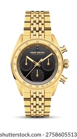 Realistic watch clock chronograph gold black dashboard design luxury fashion object for men on white background vector