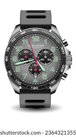 Realistic watch clock chronograph grey steel black rubber strap green number pink arrow design luxury for men on white background vector illustration.
