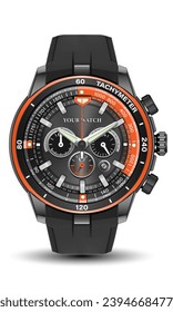 Realistic watch clock chronograph orange black steel leather strap dark grey yellow arrow on white design classic luxury vector illustration.