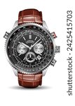 Realistic watch clock chronograph silver black face dashboard white red number brown leather strap on isolated design classic luxury vector illustration.