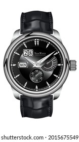 Realistic watch clock chronograph silver leather strap black on white design classic luxury vector illustration.