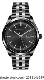 Realistische Uhr Chronograph silberner Stahl schwarz Design Luxusmodeobjekt für Männer auf weißem Hintergrund, Vektorgrafik.