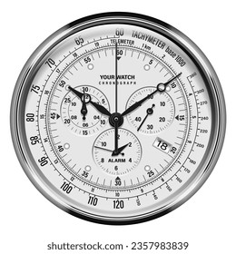 Realistic watch clock chronograph silver face dashboard black on white design classic luxury vector illustration.