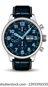 Realistische Uhr Chronograph silberblauer Pfeil Nummer Leder Band auf isolierten Design klassische Luxus-Vektorgrafik.
