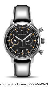 Realistic watch clock chronograph silver black face white number grey leather strap on isolated design classic luxury vector illustration.