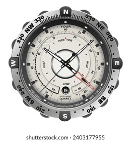 Realistic watch clock chronograph silver frame white dashboard face black number arrow design classic luxury vector illustration.
