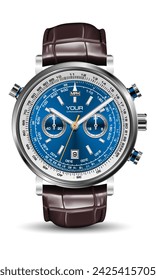 Realistic watch clock chronograph silver blue face dashboard brown leather strap white black number yellow arrow on isolated design classic luxury vector illustration.