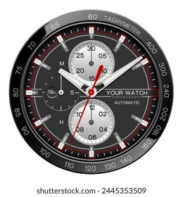 Realistic watch clock chronograph silver black red line white number dashboard face for men design luxury on white background vector illustration.