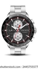 Realistic watch clock chronograph silver black red line white number face for men design luxury on white background vector illustration.