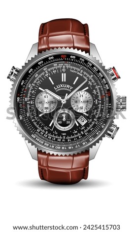 Realistic watch clock chronograph silver black face dashboard white red number brown leather strap on isolated design classic luxury vector illustration.