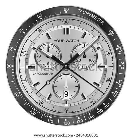 Realistic watch clock chronograph silver face dashboard black on white design classic luxury vector illustration.