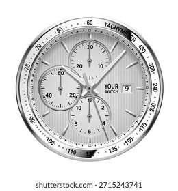 Objeto de lujo de la moda del diseño del tablero de instrumentos del acero inoxidable del cronógrafo realista del reloj para los hombres en el Vector blanco del fondo