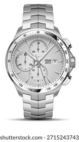 Objeto de lujo de la moda del diseño del acero inoxidable del cronógrafo del reloj realista para los hombres en el Vector blanco del fondo