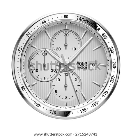 Realistic watch clock chronograph stainless steel dashboard design luxury fashion object for men on white background vector