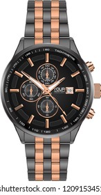 Realistic watch clock chronograph steel grey copper on white background luxury vector illustration.