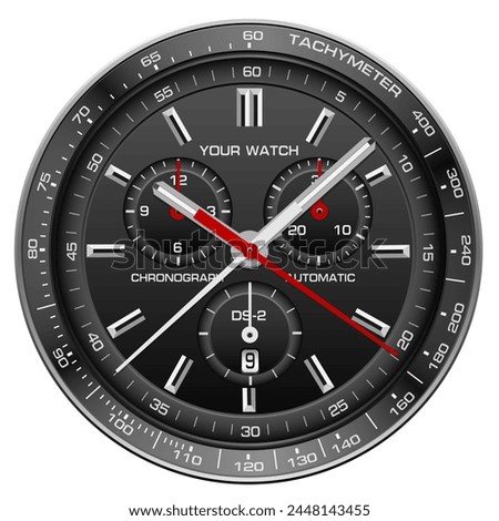 Realistic watch clock dashboard black face silver red arrow white number on isolated design classic luxury fashion for men vector illustration.