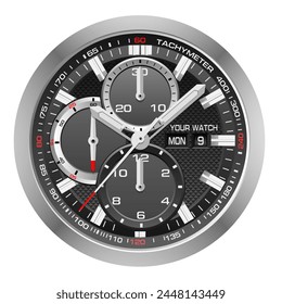 Reloj de reloj realista tablero negro plateado cara roja flecha número blanco en diseño aislado de moda de lujo clásico para la Ilustración vectorial de los hombres.