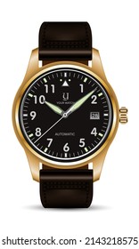 Realistic watch clock gold leather strap brown on white design classic luxury for men vector illustration.