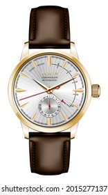 Realistic watch clock gold silver brown leather strap red arrow on white design classic luxury vector illustration.