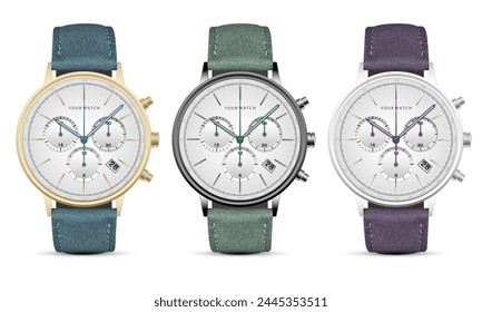 Realistic watch clock gold silver dark steel face black number with blue green purple arrow leather strap on white design collection set classic luxury vector illustration.