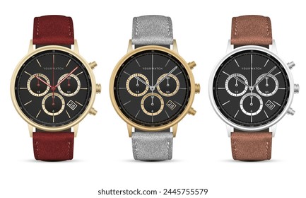 Realistic watch clock gold silver dark steel black face white number with red brown grey arrow leather strap on isolated design collection set classic luxury vector illustration.